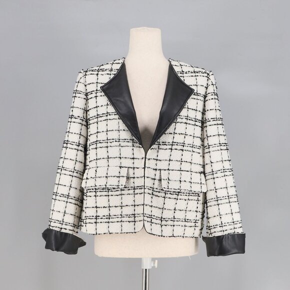 CHICO'S Tweed Faux Leather Trim Jacket Blazer Single Hook Closure Size 1/US 8 - Picture 1 of 7